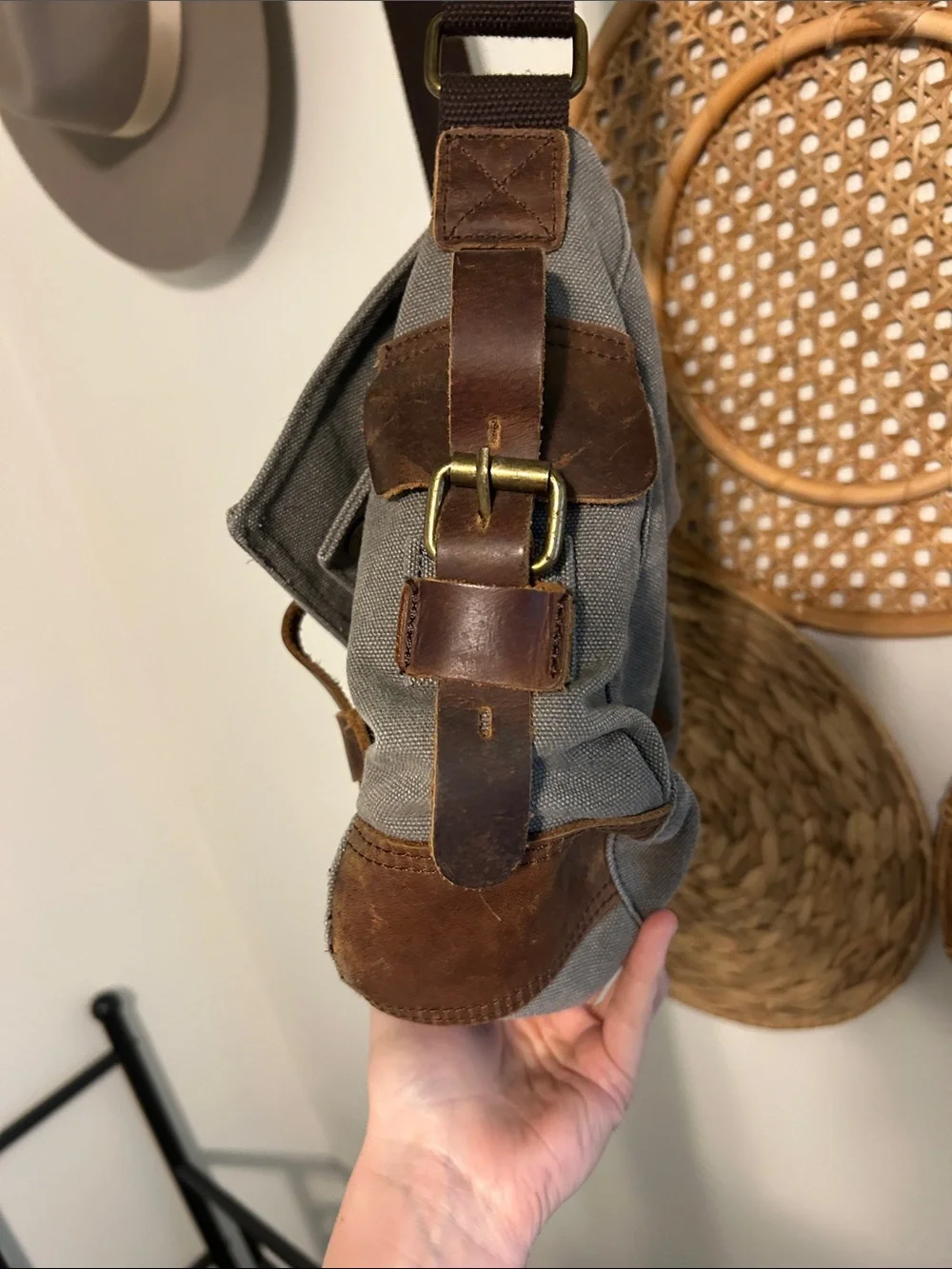 Peace Chaos Canvas Messenger Bag with Brown Leather Straps